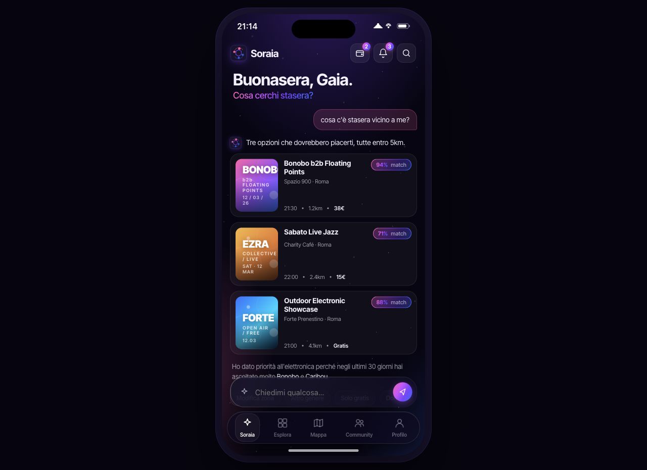 Anteprima del design Soraia: il Concierge AI propone tre eventi musicali a partire dalla richiesta dell’utente. Dati dimostrativi.