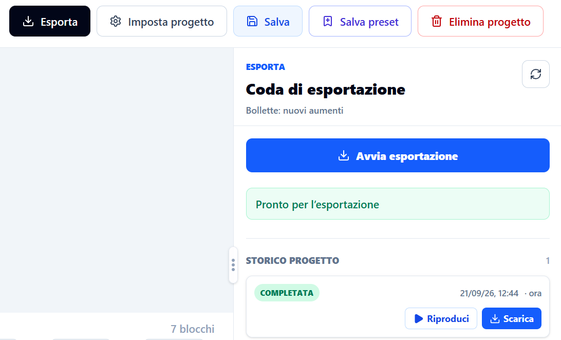 Esportazione e storico del rendering nell’interfaccia Wipov